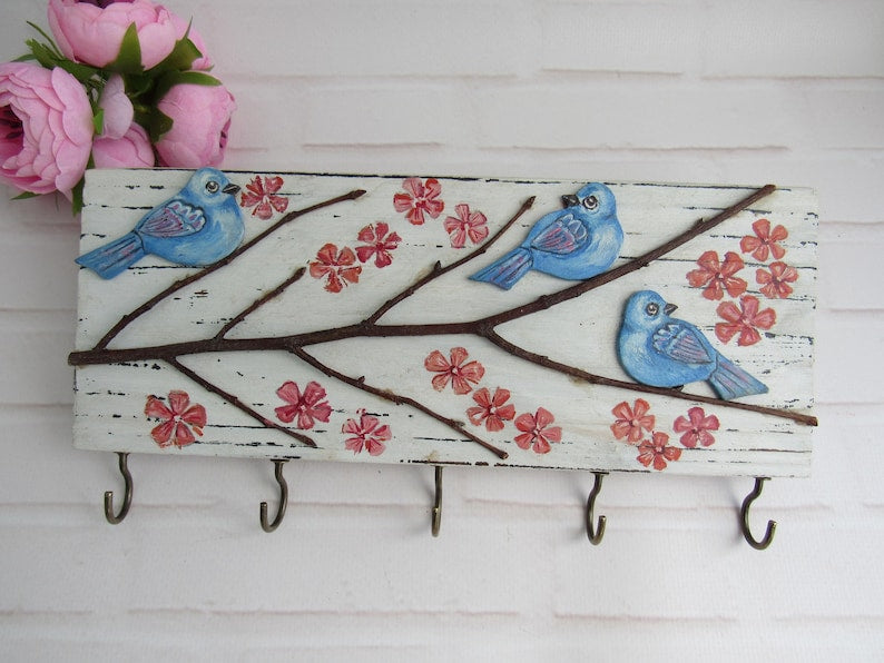 Porte-clés mural en bois avec oiseaux et fleurs de cerisier, 5 crochets, 25 x 10 cm