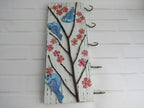 Porte-clés mural en bois avec oiseaux et fleurs de cerisier, 5 crochets, 25 x 10 cm
