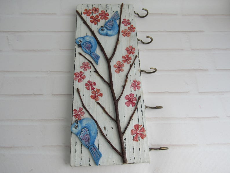 Porte-clés mural en bois avec oiseaux et fleurs de cerisier, 5 crochets, 25 x 10 cm