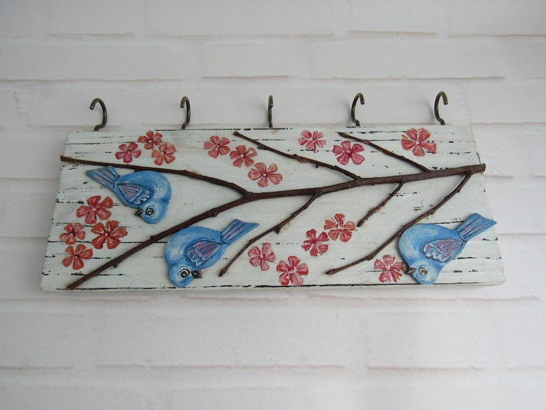 Porte-clés mural en bois avec oiseaux et fleurs de cerisier, 5 crochets, 25 x 10 cm