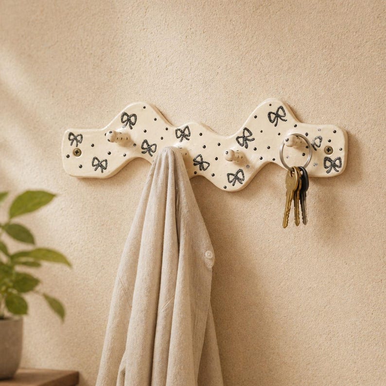 Crochet mural en céramique à pois noeud ondulé crème, 27 cm, 4 crochets, organisateur d'entrée