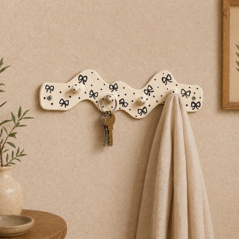 Crochet mural en céramique à pois noeud ondulé crème, 27 cm, 4 crochets, organisateur d'entrée