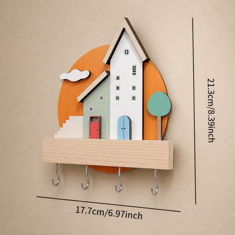 Organisateur mural porte-clés en bois, dessin animé maison, avec crochets et étagère, 18x21 cm