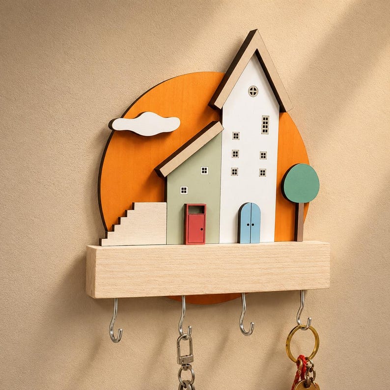 Organisateur mural porte-clés en bois, dessin animé maison, avec crochets et étagère, 18x21 cm