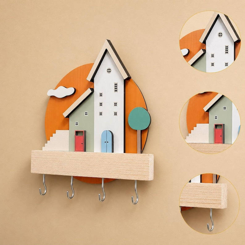 Organisateur mural porte-clés en bois, dessin animé maison, avec crochets et étagère, 18x21 cm