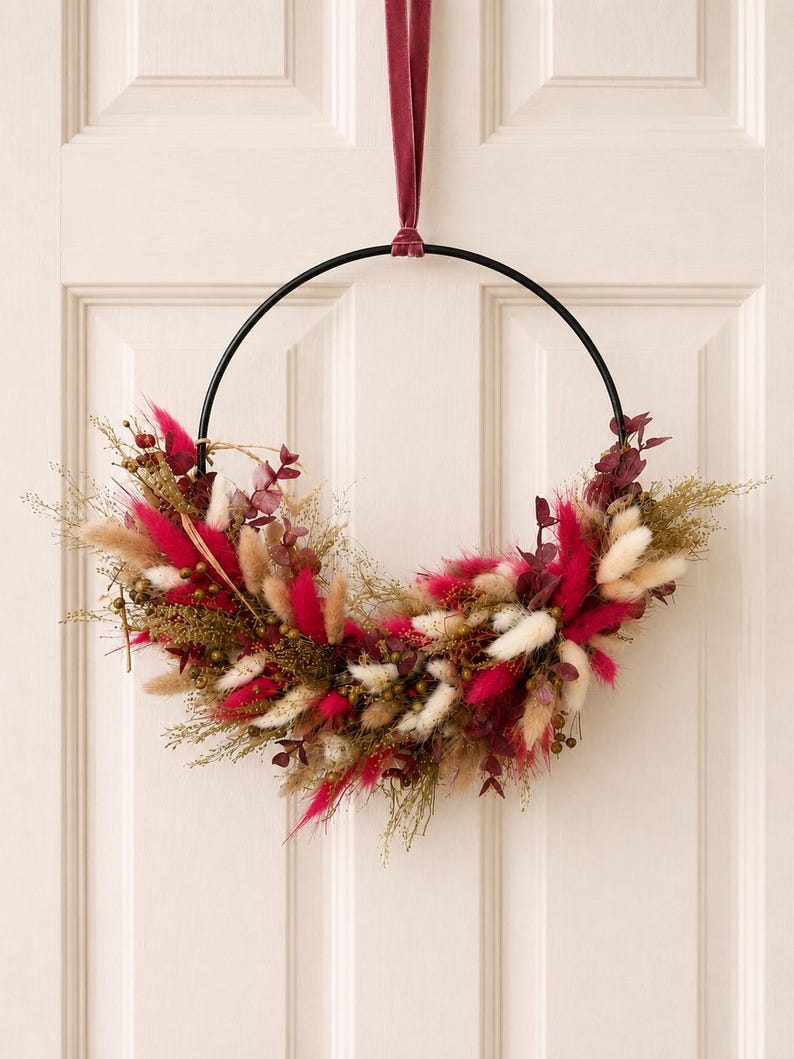 Couronne de fleurs séchées roses avec herbe de la pampa - Décoration murale et de porte bohème moderne