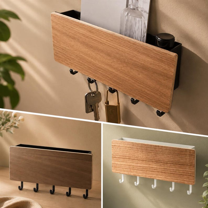 Wand-Schlüsselhalter aus Bambus mit Haken, Eingangsbereich-Organizer, minimalistisches Aufbewahrungssystem