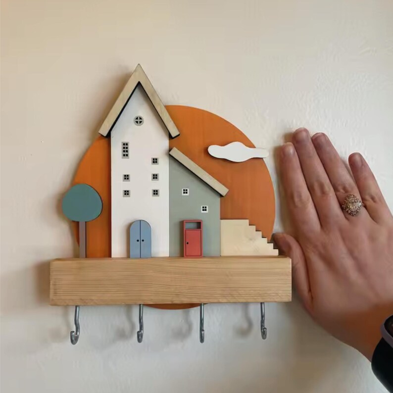 Organisateur mural porte-clés en bois, dessin animé maison, avec crochets et étagère, 18x21 cm