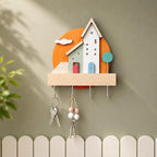 Organisateur mural porte-clés en bois, dessin animé maison, avec crochets et étagère, 18x21 cm