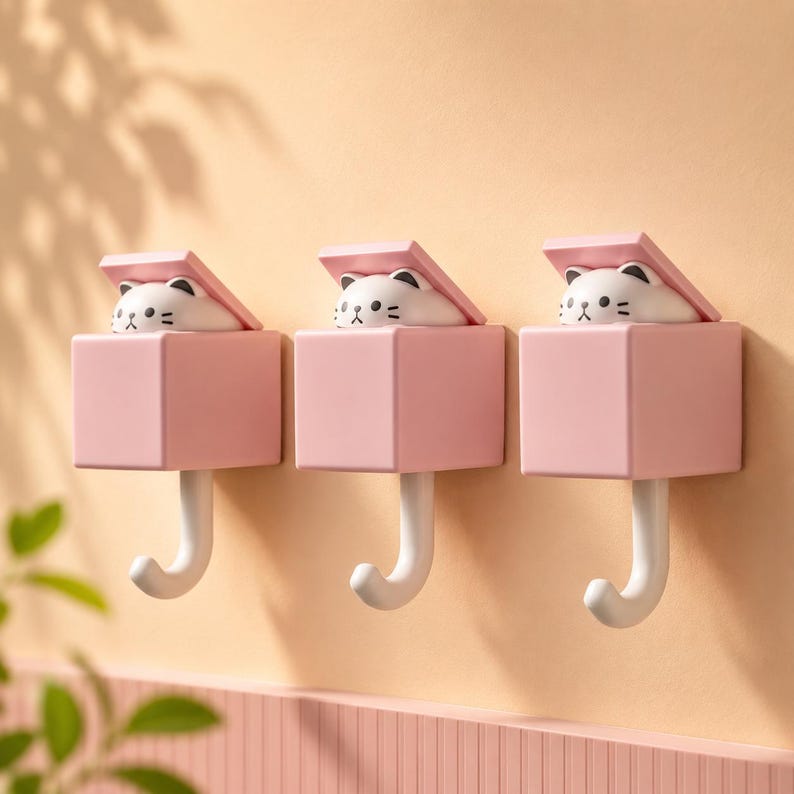 Lot de 3 crochets muraux auto-adhésifs chat kawaii pour serviette, clés, accessoires légers