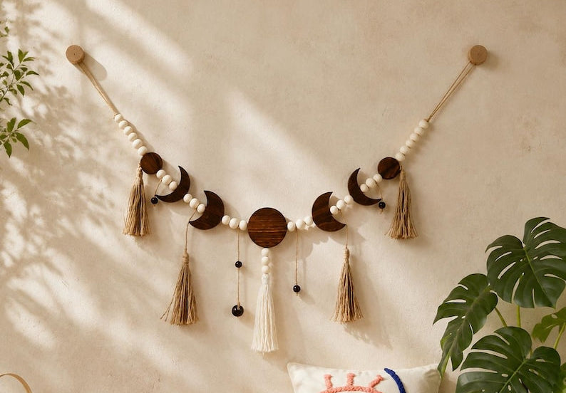 Macramé Lune Murale Bohème avec Glands, Décoration Murale Croissant de Lune Coton, Tapisserie Franges pour Chambre à Coucher
