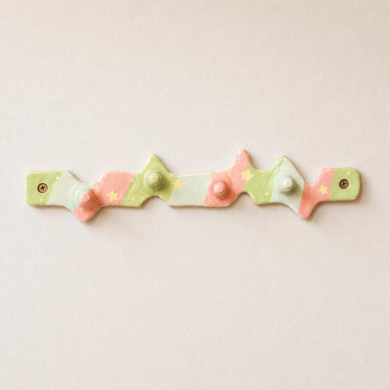 Porte-manteau mural en céramique pastel à rayures ondulées, crochets pour entrée, rose, vert, bleu