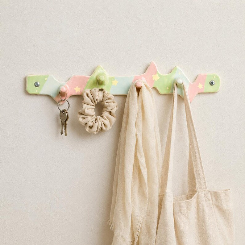 Porte-manteau mural en céramique pastel à rayures ondulées, crochets pour entrée, rose, vert, bleu