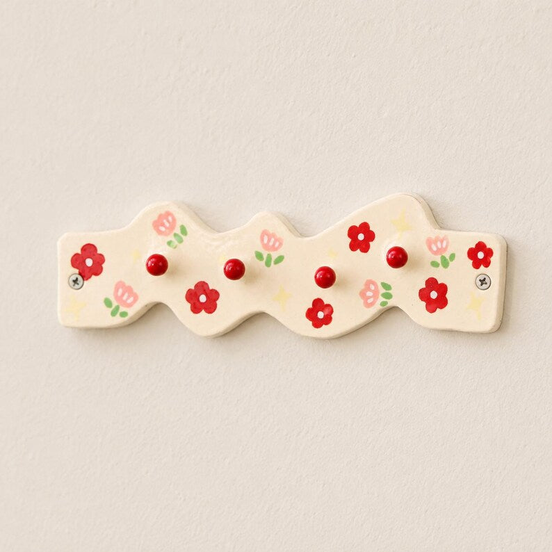 Porte-manteau mural céramique floral rouge 27 cm