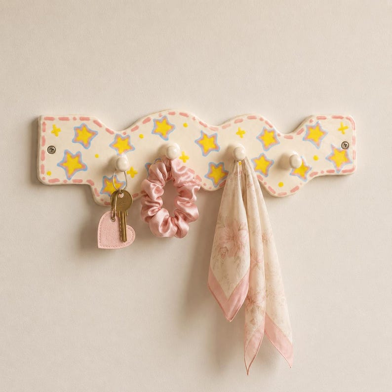 Porte-manteau mural en céramique étoilé, crochet ondulé pastel, organisateur d'entrée 27 cm