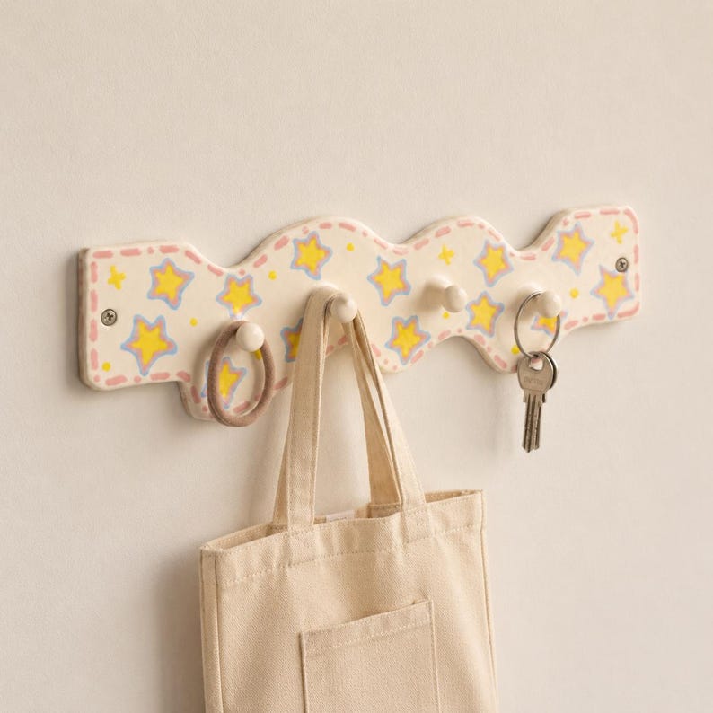 Porte-manteau mural en céramique étoilé, crochet ondulé pastel, organisateur d'entrée 27 cm