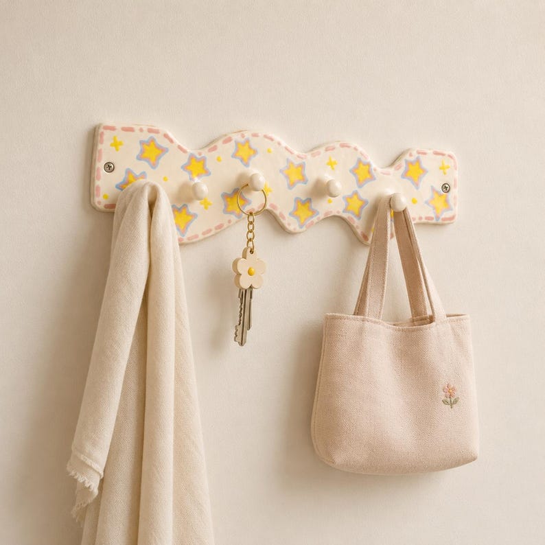 Porte-manteau mural en céramique étoilé, crochet ondulé pastel, organisateur d'entrée 27 cm