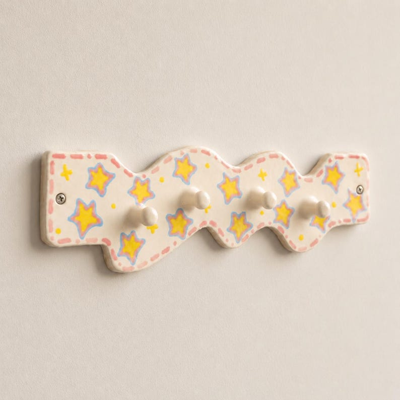 Porte-manteau mural en céramique étoilé, crochet ondulé pastel, organisateur d'entrée 27 cm