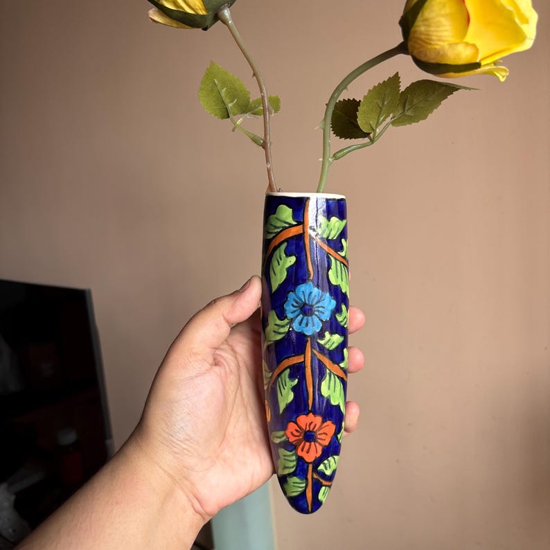 Vase mural floral en céramique bleue 5,6x19 cm, pour plantes succulentes et bouquets de fleurs séchées, finition brillante