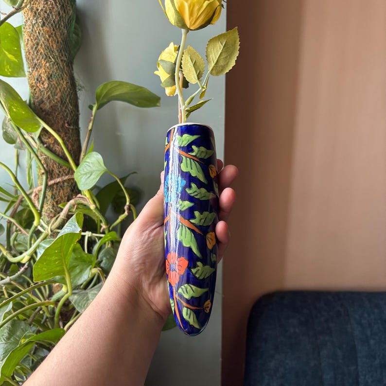 Vase mural floral en céramique bleue 5,6x19 cm, pour plantes succulentes et bouquets de fleurs séchées, finition brillante