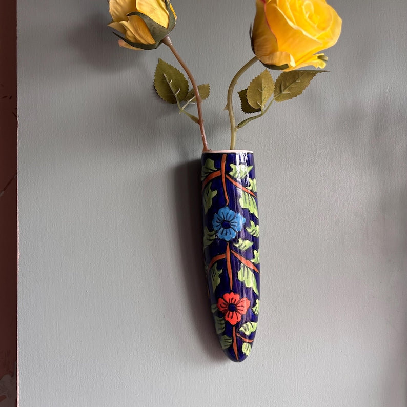 Vase mural floral en céramique bleue 5,6x19 cm, pour plantes succulentes et bouquets de fleurs séchées, finition brillante