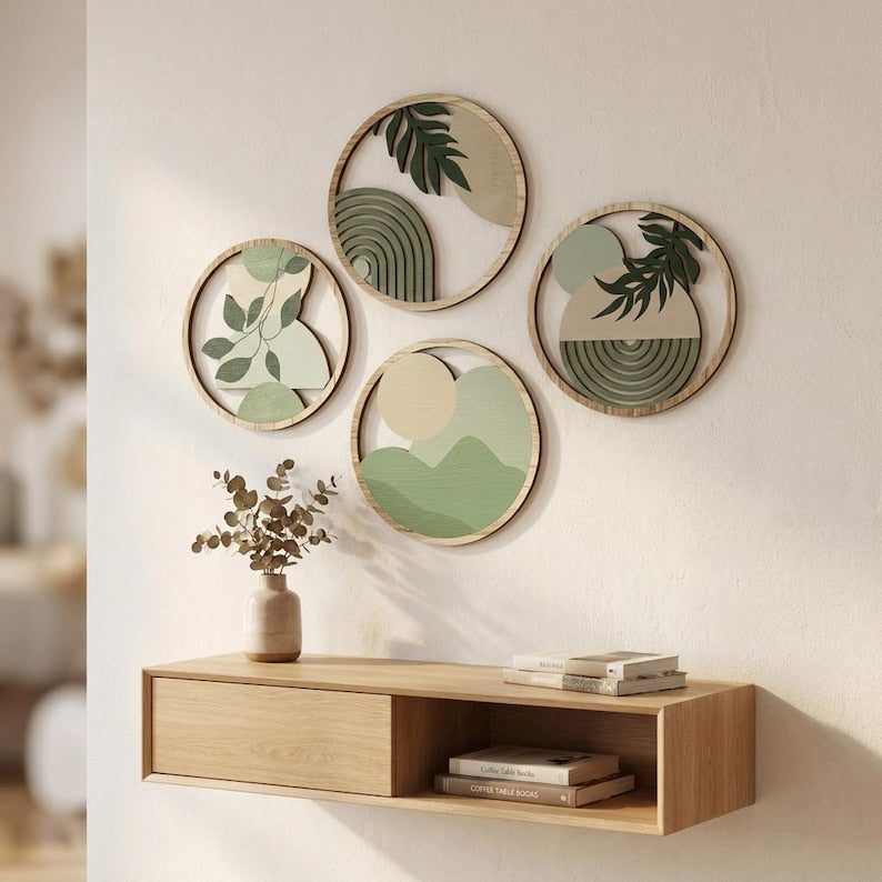Ensemble de 4 gravures botaniques rondes, art mural nature bohème, décoration minimaliste