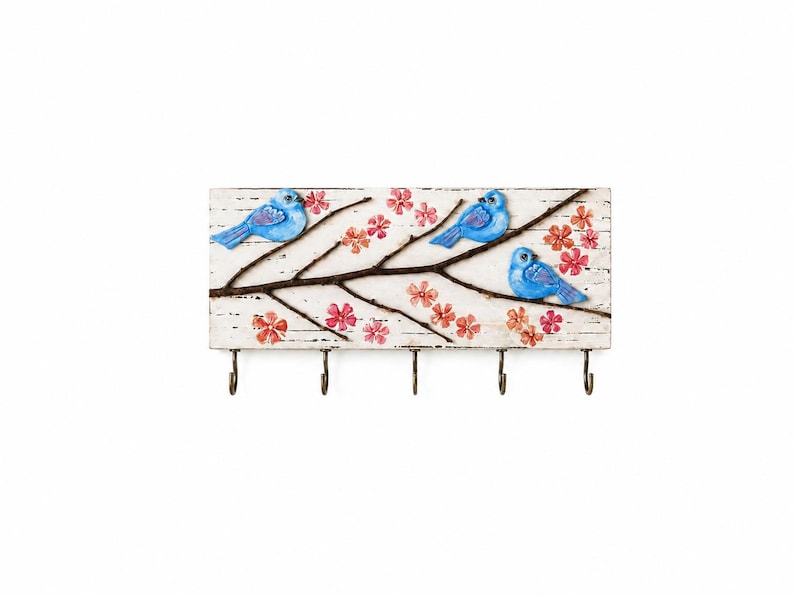 Porte-clés mural en bois avec oiseaux et fleurs de cerisier, 5 crochets, 25 x 10 cm