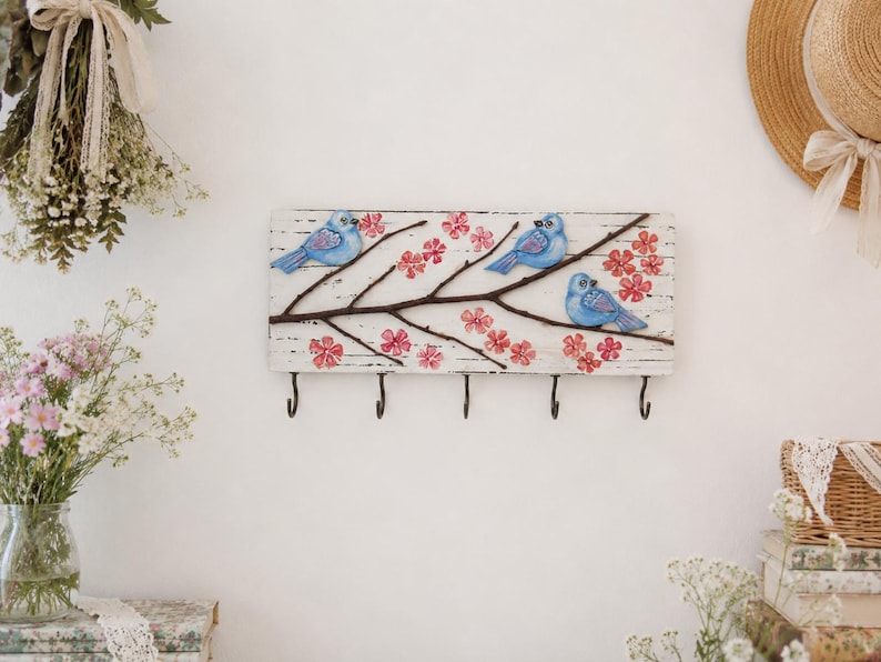Porte-clés mural en bois avec oiseaux et fleurs de cerisier, 5 crochets, 25 x 10 cm
