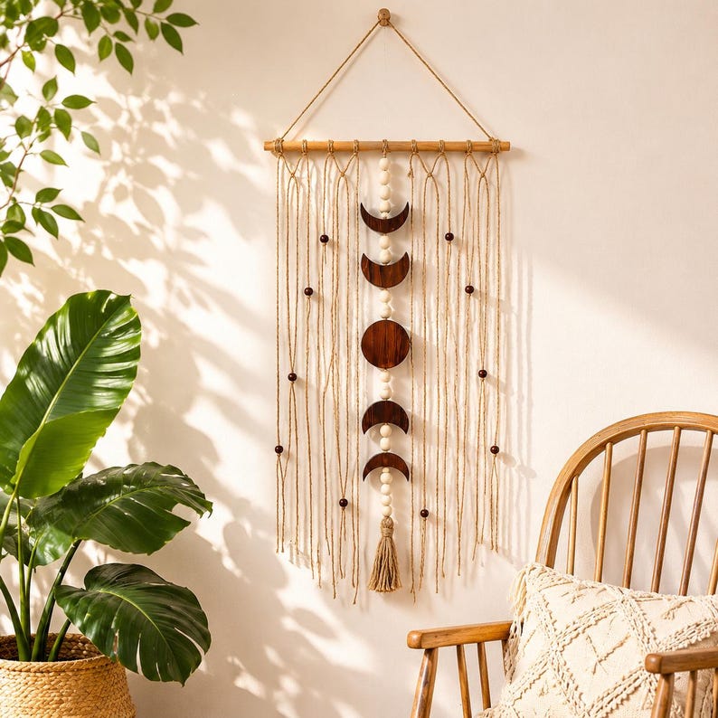 Suspension murale en macramé en forme de lune – Tenture bohème croissant de lune avec franges en coton