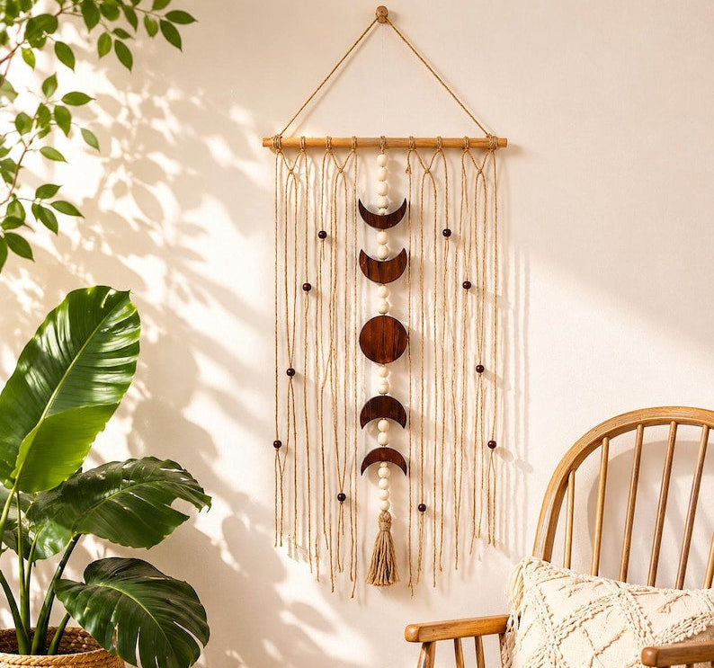 Macramé Lune Murale Bohème avec Glands, Décoration Murale Croissant de Lune Coton, Tapisserie Franges pour Chambre à Coucher