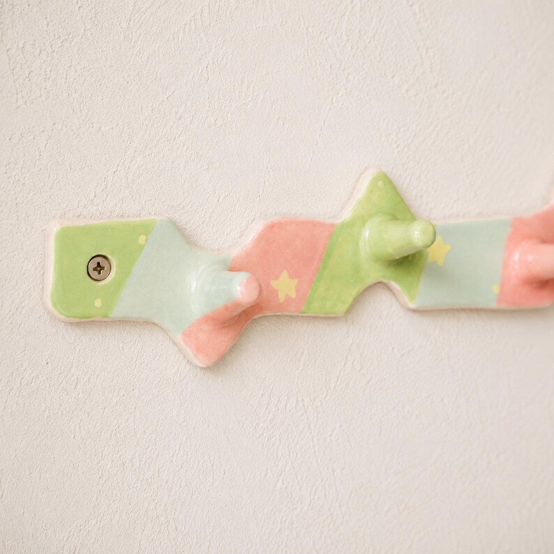 Porte-manteau mural en céramique pastel à rayures ondulées, crochets pour entrée, rose, vert, bleu