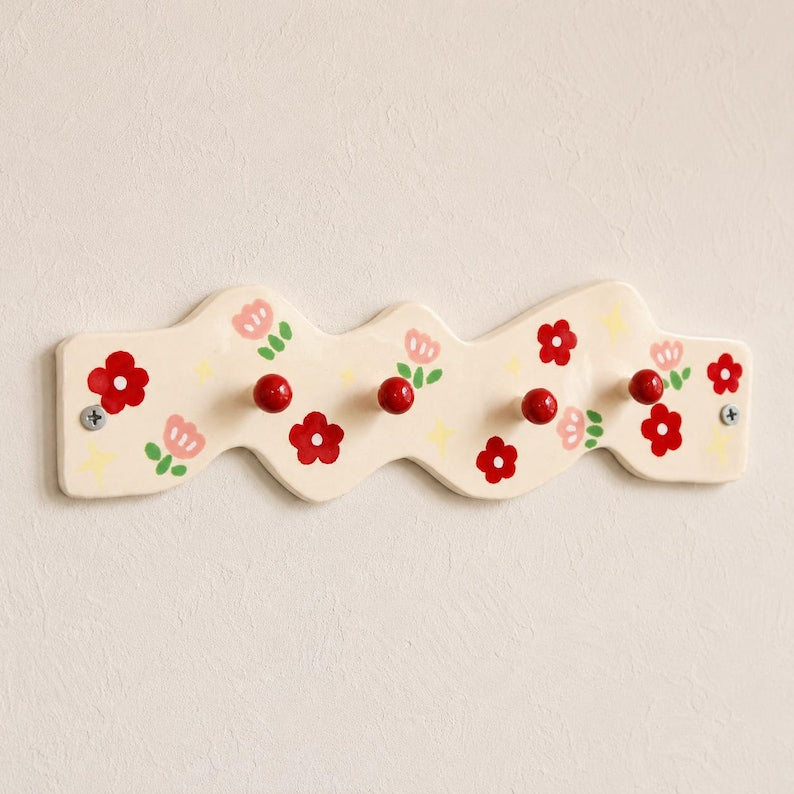 Porte-manteau mural céramique floral rouge 27 cm