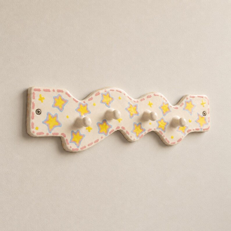 Porte-manteau mural en céramique étoilé, crochet ondulé pastel, organisateur d'entrée 27 cm