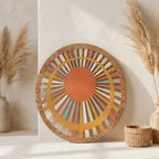 Ensemble d'art mural bohème en bois · Décoration tropicale moderne du milieu du siècle · Soleil botanique abstrait