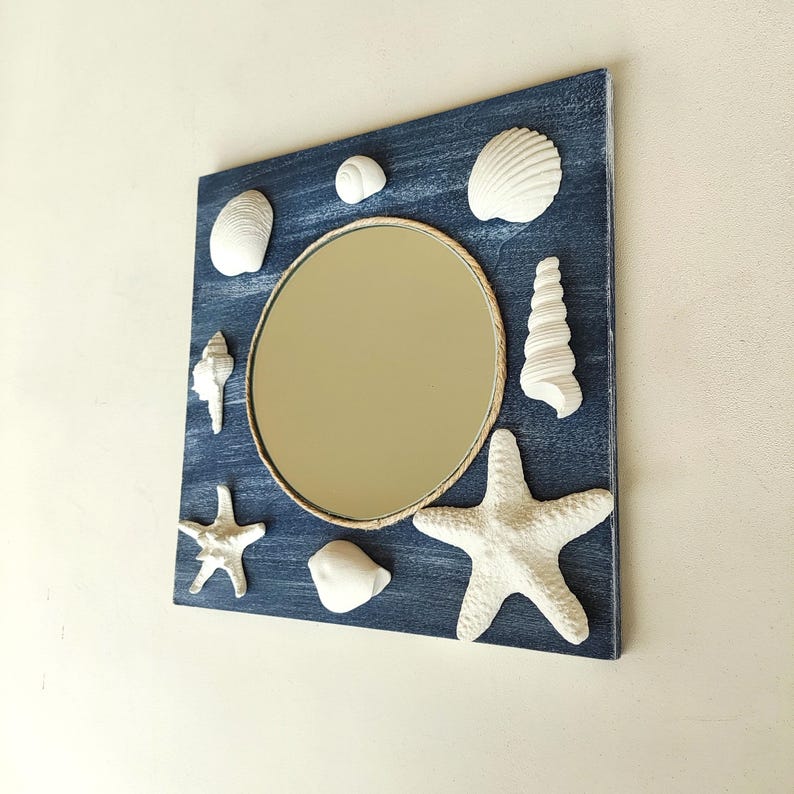 Miroir mural nautique avec coquillages en bois et plâtre, 25 cm, décoration côtière