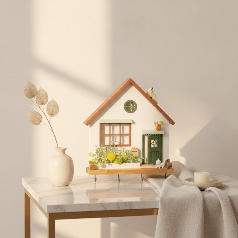 Porte-manteau mural en bois en forme de maison aux accents colorés – Organisateur pour entrée