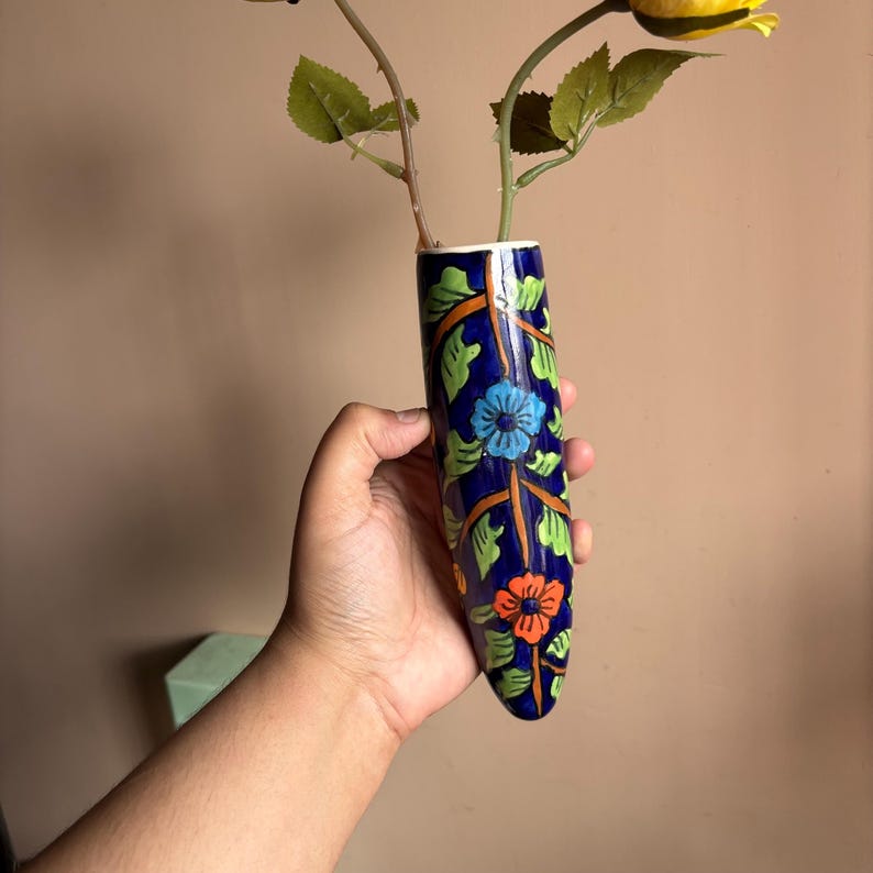 Vase mural floral en céramique bleue 5,6x19 cm, pour plantes succulentes et bouquets de fleurs séchées, finition brillante
