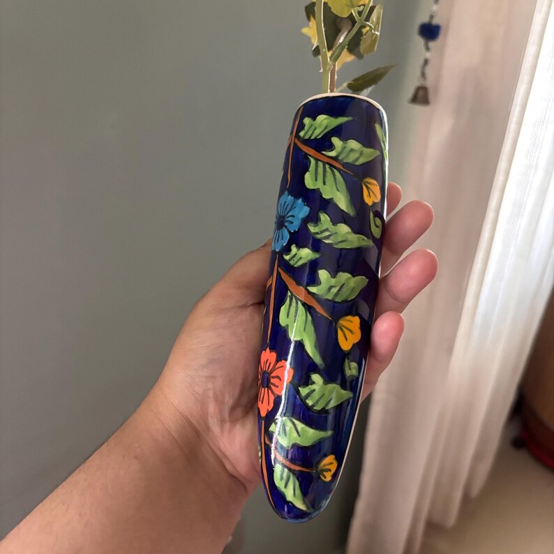 Vase mural floral en céramique bleue 5,6x19 cm, pour plantes succulentes et bouquets de fleurs séchées, finition brillante