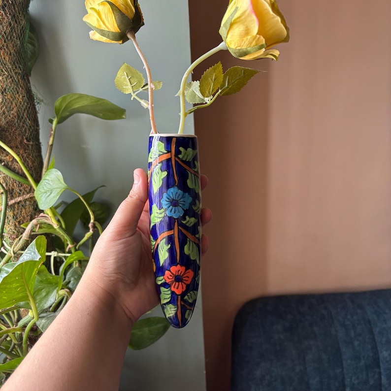 Vase mural floral en céramique bleue 5,6x19 cm, pour plantes succulentes et bouquets de fleurs séchées, finition brillante