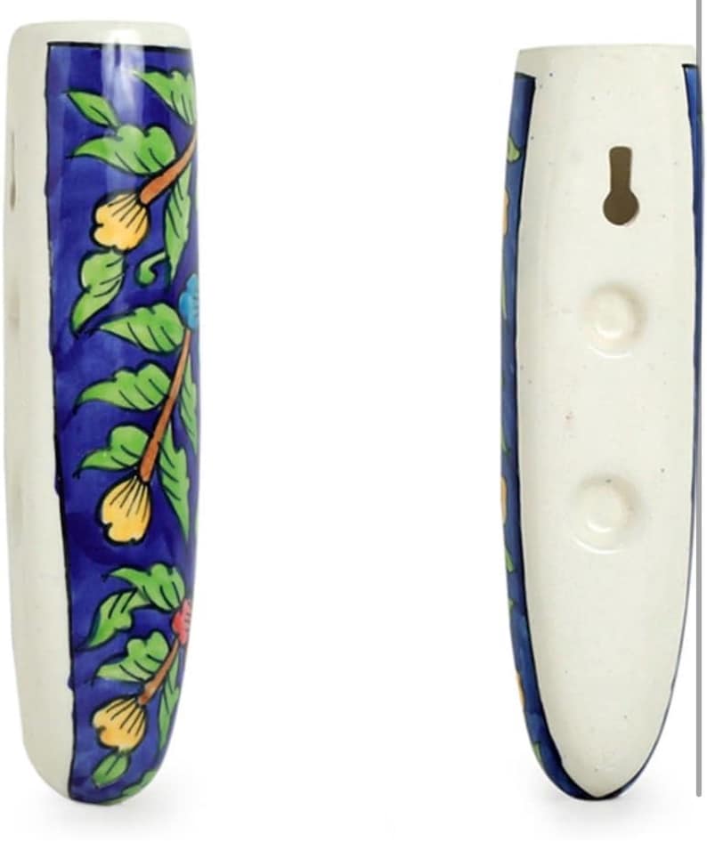 Vase mural floral en céramique bleue 5,6x19 cm, pour plantes succulentes et bouquets de fleurs séchées, finition brillante