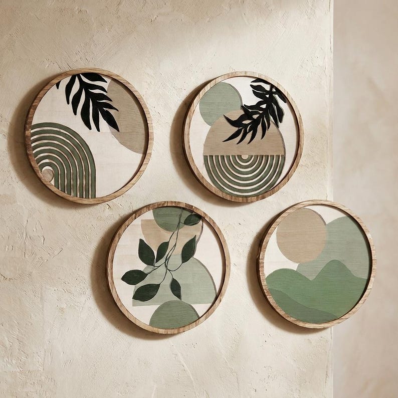 Ensemble de 4 gravures botaniques rondes, art mural nature bohème, décoration minimaliste