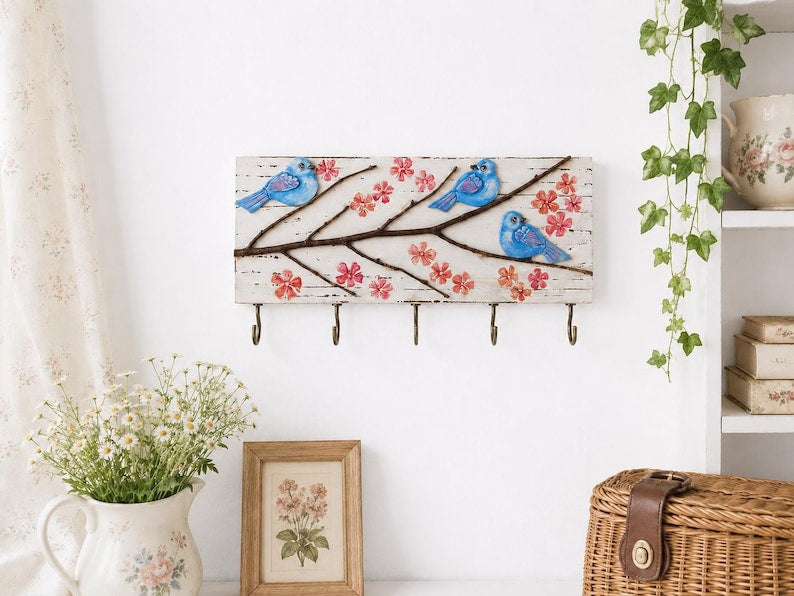 Porte-clés mural en bois avec oiseaux et fleurs de cerisier, 5 crochets, 25 x 10 cm