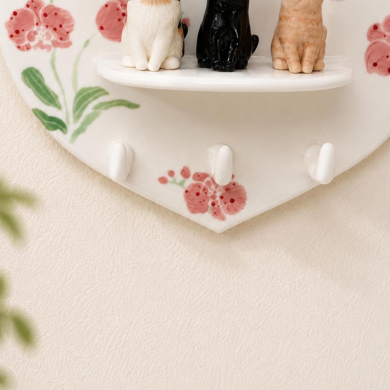 Porte-clés en céramique avec fleur d'orchidée et papillon 3D, crochet mural pour entrée, support pour laisse et étagère de rangement