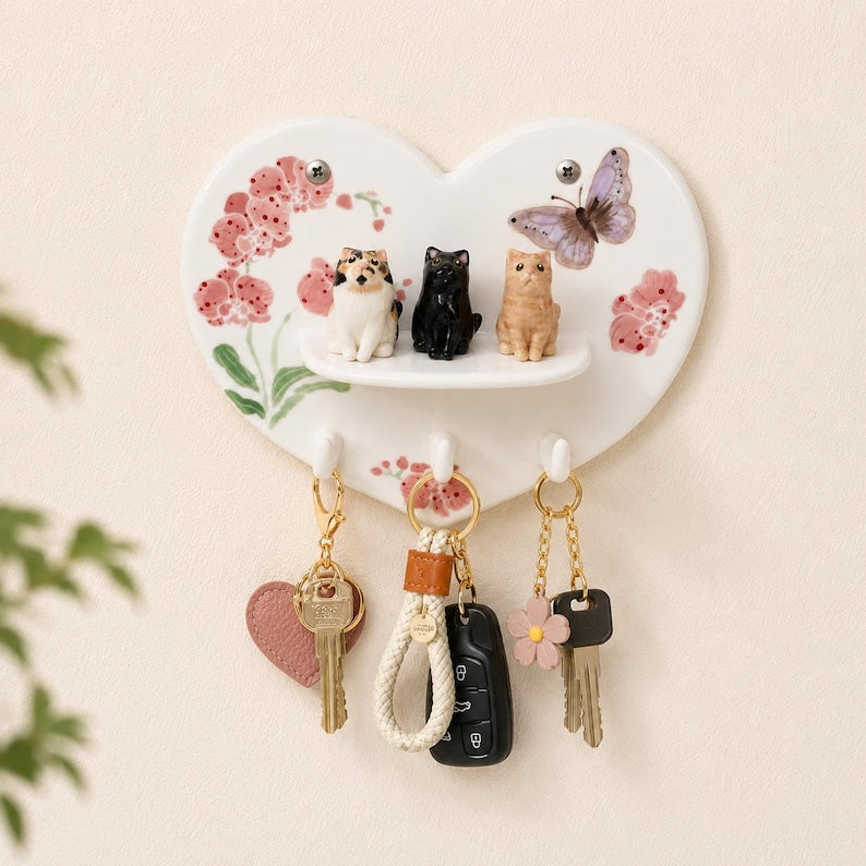 Porte-clés en céramique avec fleur d'orchidée et papillon 3D, crochet mural pour entrée, support pour laisse et étagère de rangement