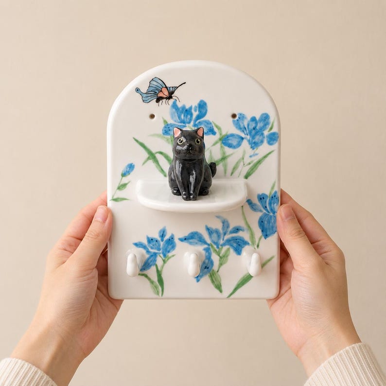 Porte-clés mural en céramique chat noir papillon 3D pour entrée, étagère de suspension élégante