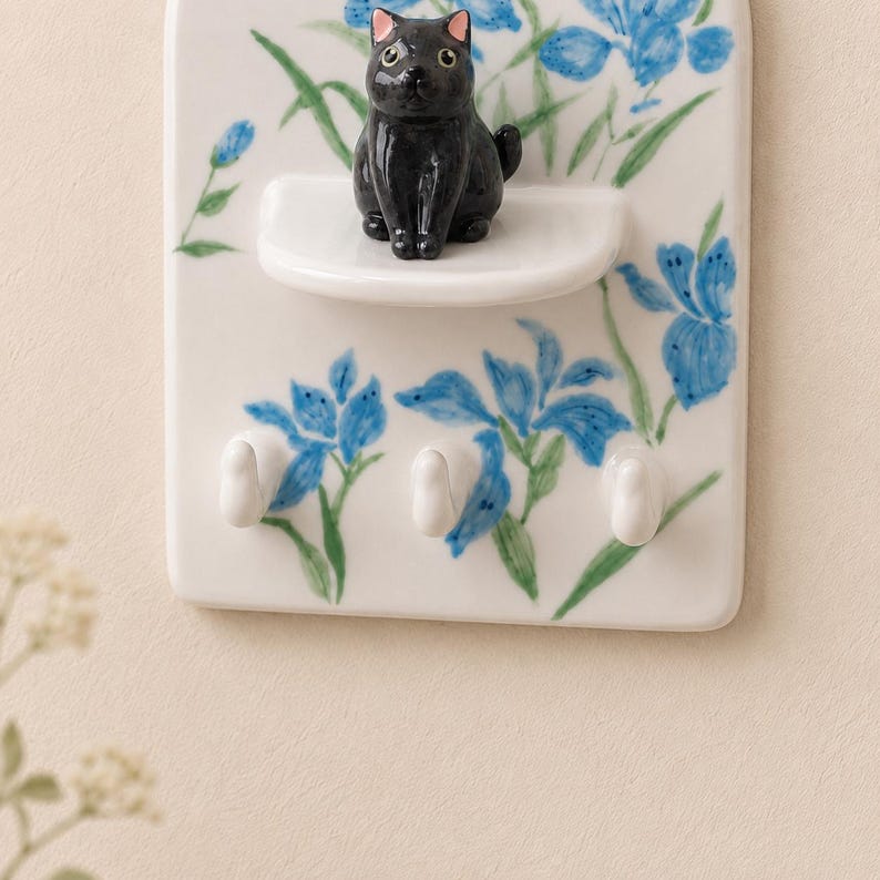 Wandschlüsselanhänger aus Keramik, schwarze Katze, 3D-Schmetterling für den Eingangsbereich, elegantes Hängeboard
