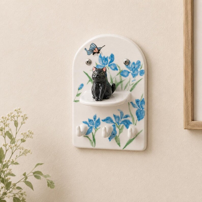 Wandschlüsselanhänger aus Keramik, schwarze Katze, 3D-Schmetterling für den Eingangsbereich, elegantes Hängeboard