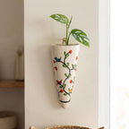 Vase Conique Mural en Céramique 18 cm - Finition Rustique Brillante, Motif Floral Rouge, pour Plantes Succulentes