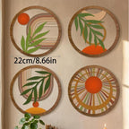 Ensemble d'art mural bohème en bois · Décoration tropicale moderne du milieu du siècle · Soleil botanique abstrait