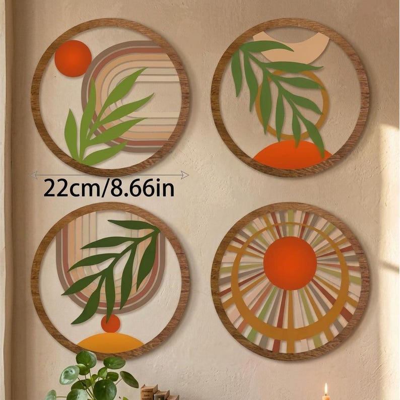 Ensemble d'art mural bohème en bois · Décoration tropicale moderne du milieu du siècle · Soleil botanique abstrait